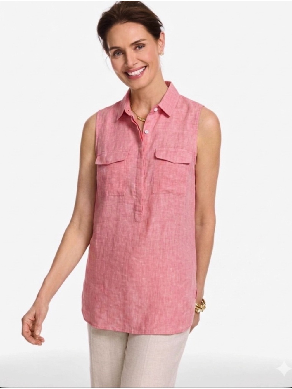 Jones & Co. Pink Linen Tunic Top Sleeveless Hi-Low Hem L Quiet Luxury